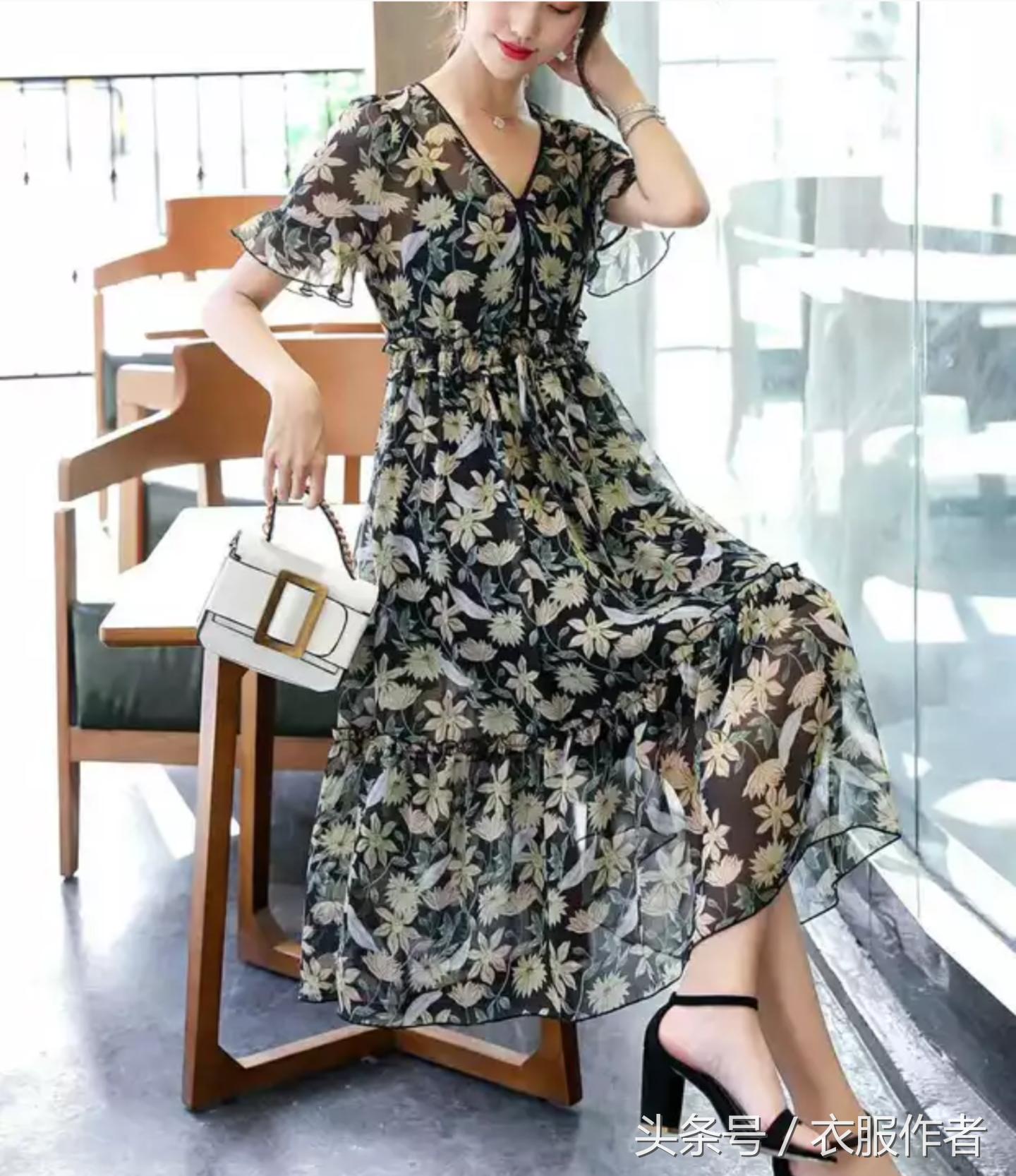 宽松款桑蚕丝落肩袖连衣裙纸样,复古宽松雪纺连衣裙纸样