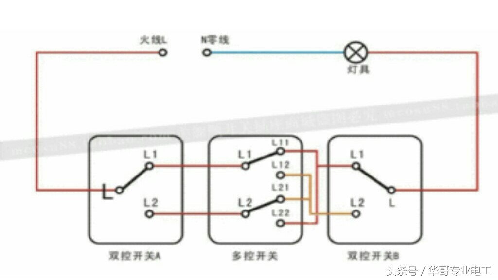 双联多控开关四个接线口子怎么装,一开多控可以当单控用怎么接线