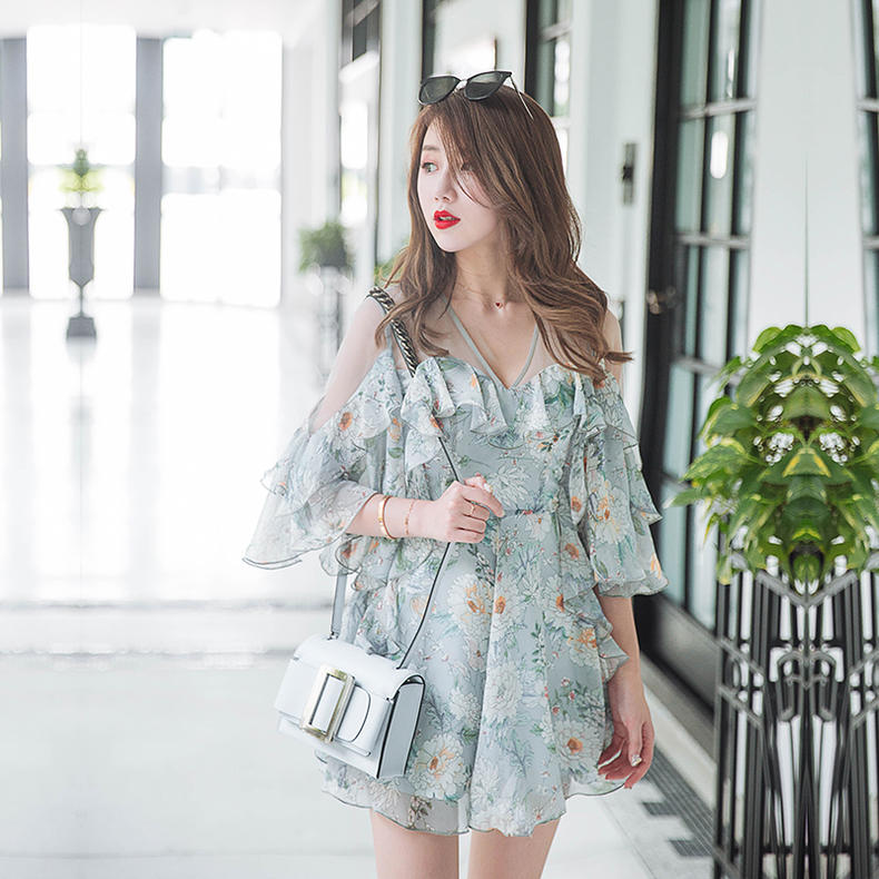 水墨印花真丝遮肚子荷叶边连衣裙,荷叶边连衣裙夏季轻奢高级感