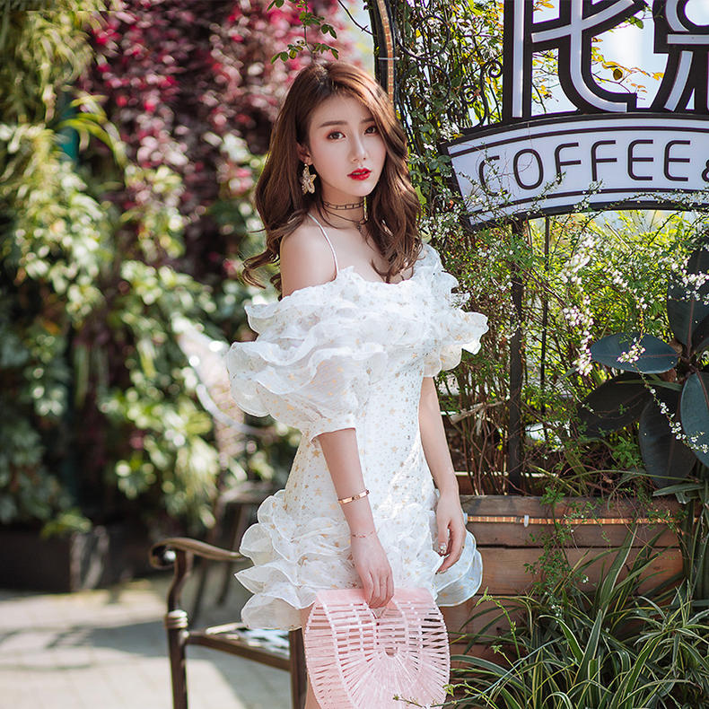 水墨印花真丝遮肚子荷叶边连衣裙,荷叶边连衣裙夏季轻奢高级感