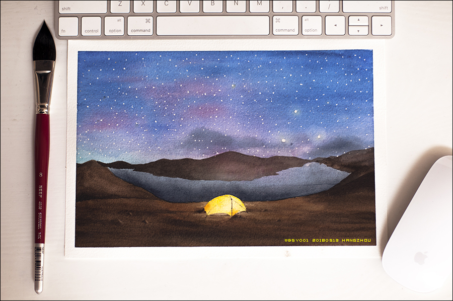 水彩笔画星空风景,水彩风景星空