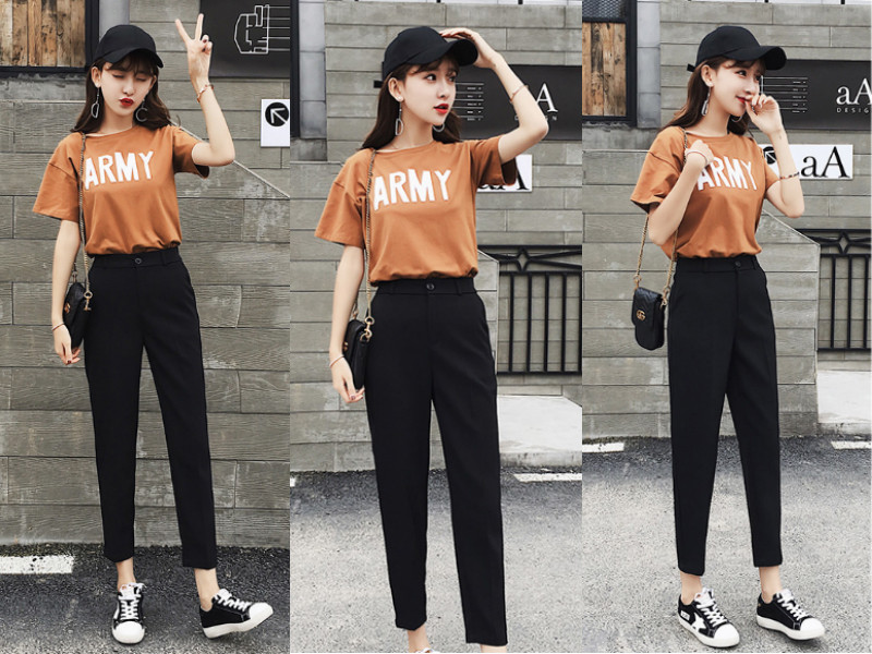 高腰哈伦裤女搭配短衣服,格子束脚哈伦裤搭配短装t恤