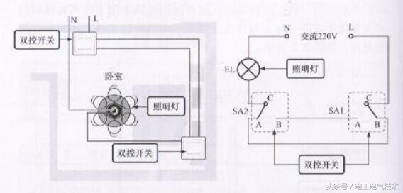 照明多控开关控制线路,两控一灯照明线路安装与调试