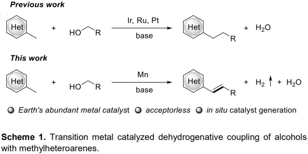 Angew：锰催化甲基杂环芳烃与伯醇的直接烯基化反应
