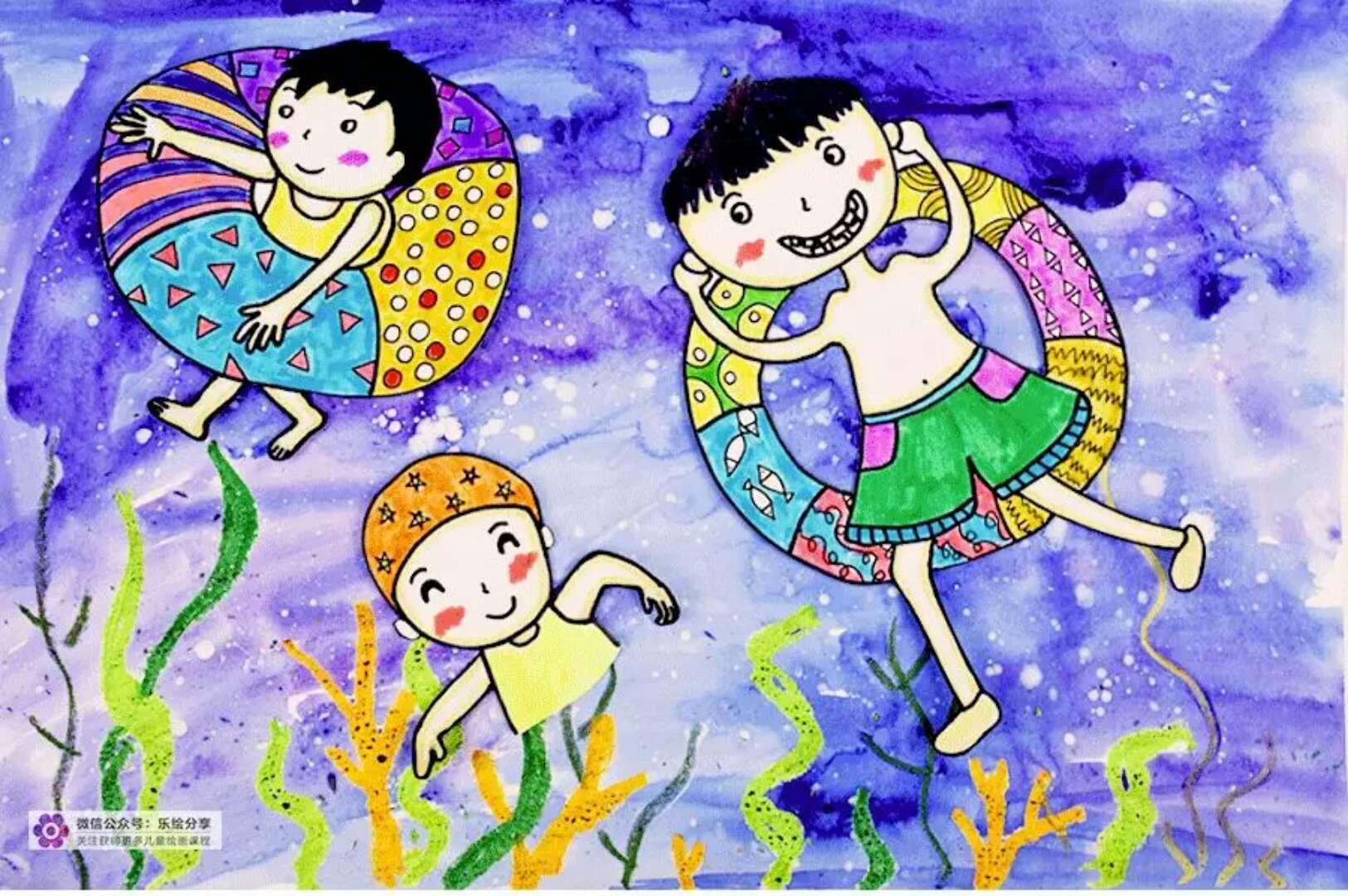 夏日儿童创意绘画,幼儿绘画创意作品游泳