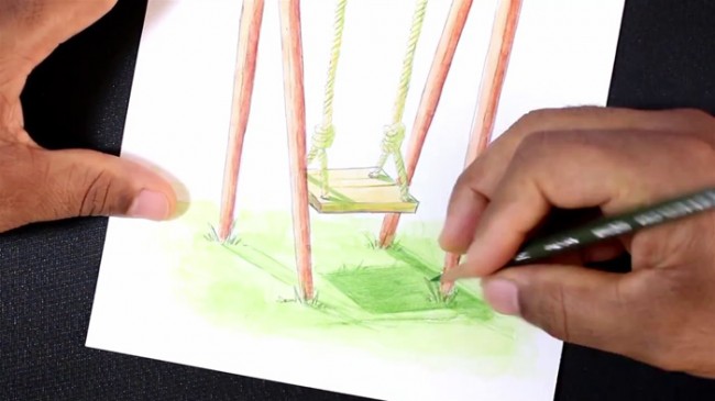 蘑菇秋千创意画,秋千上的花怎么画