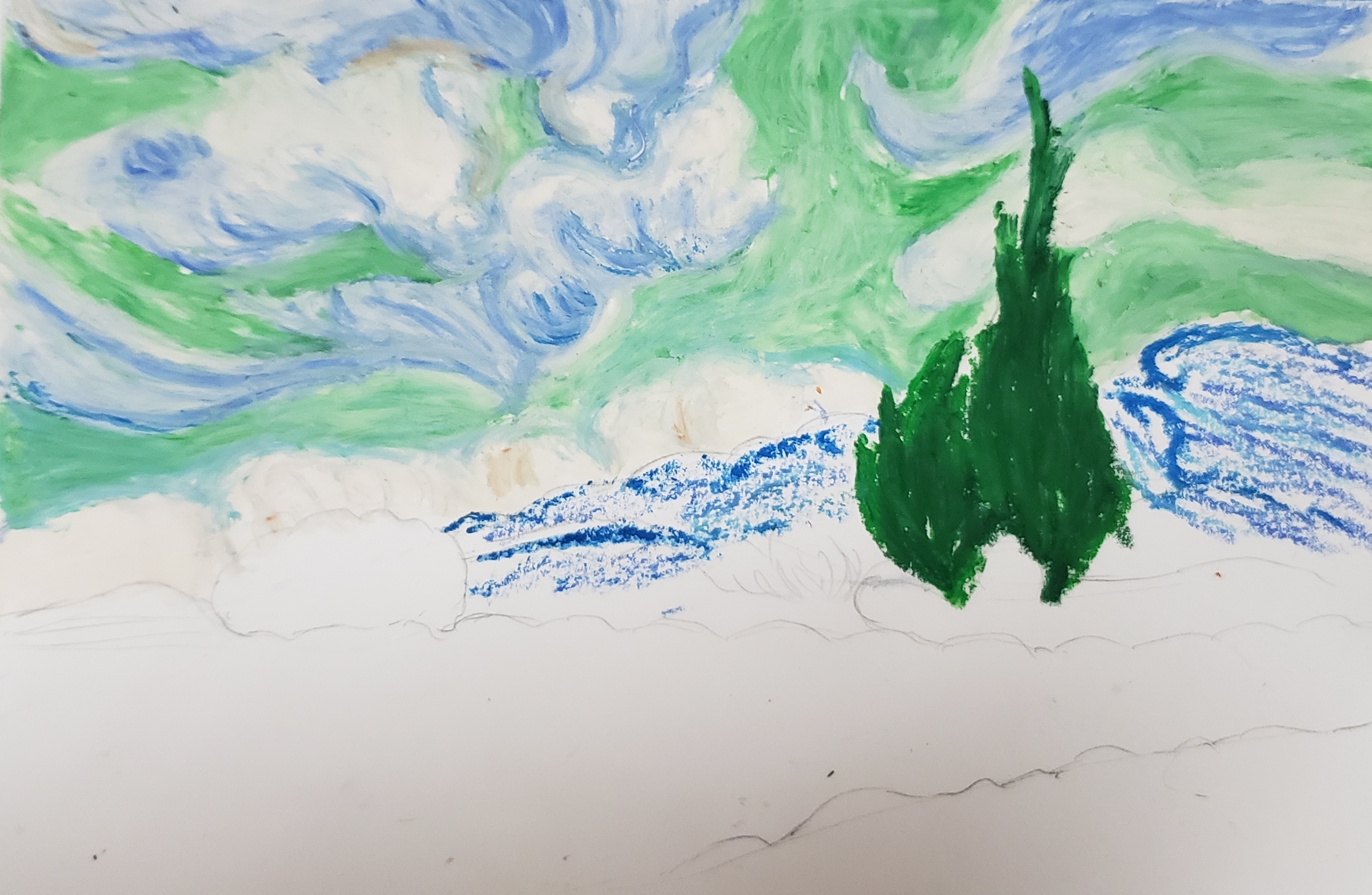 日落森林油画棒教程,简单入门油画棒麦田