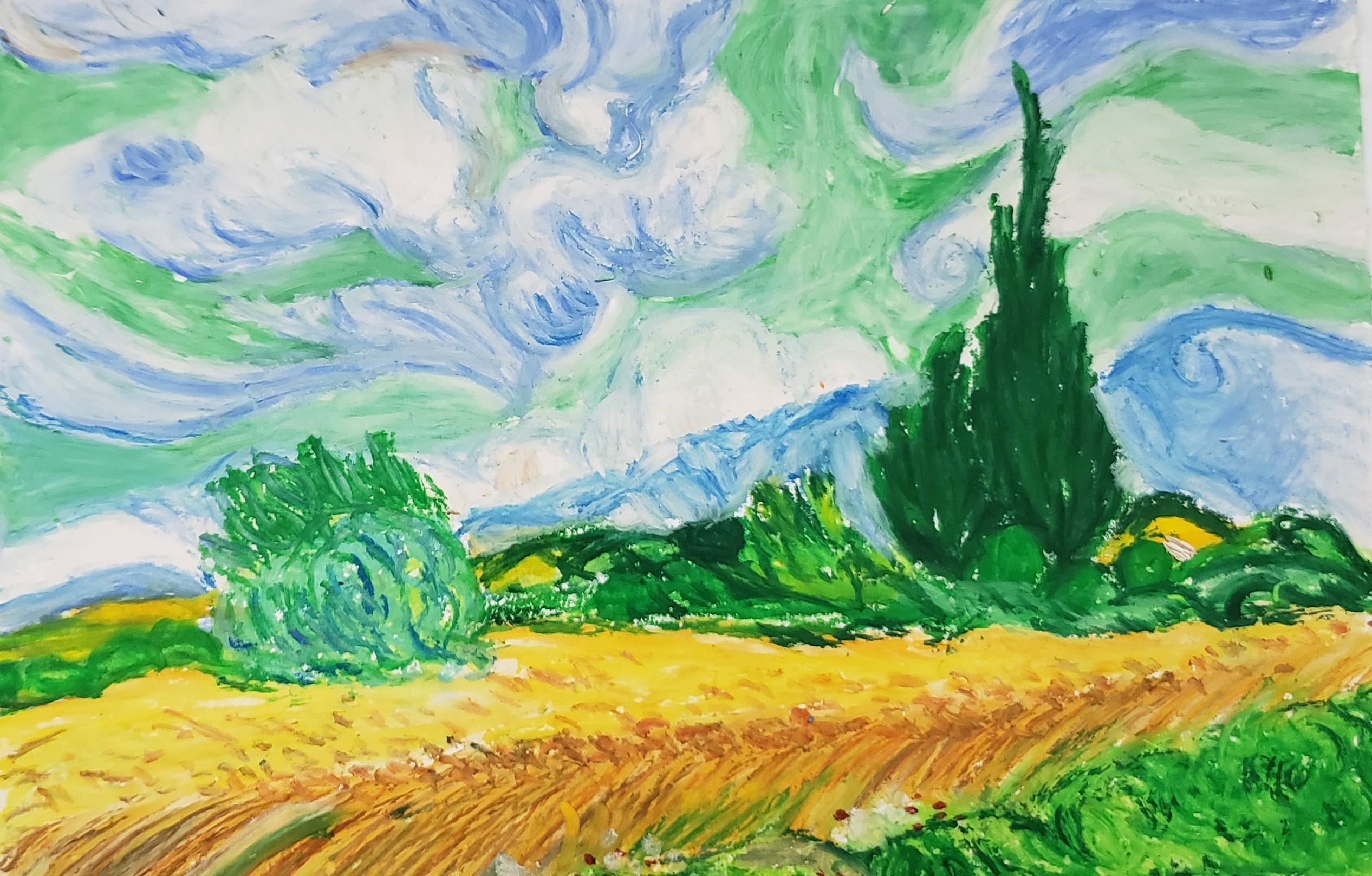 日落森林油画棒教程,简单入门油画棒麦田