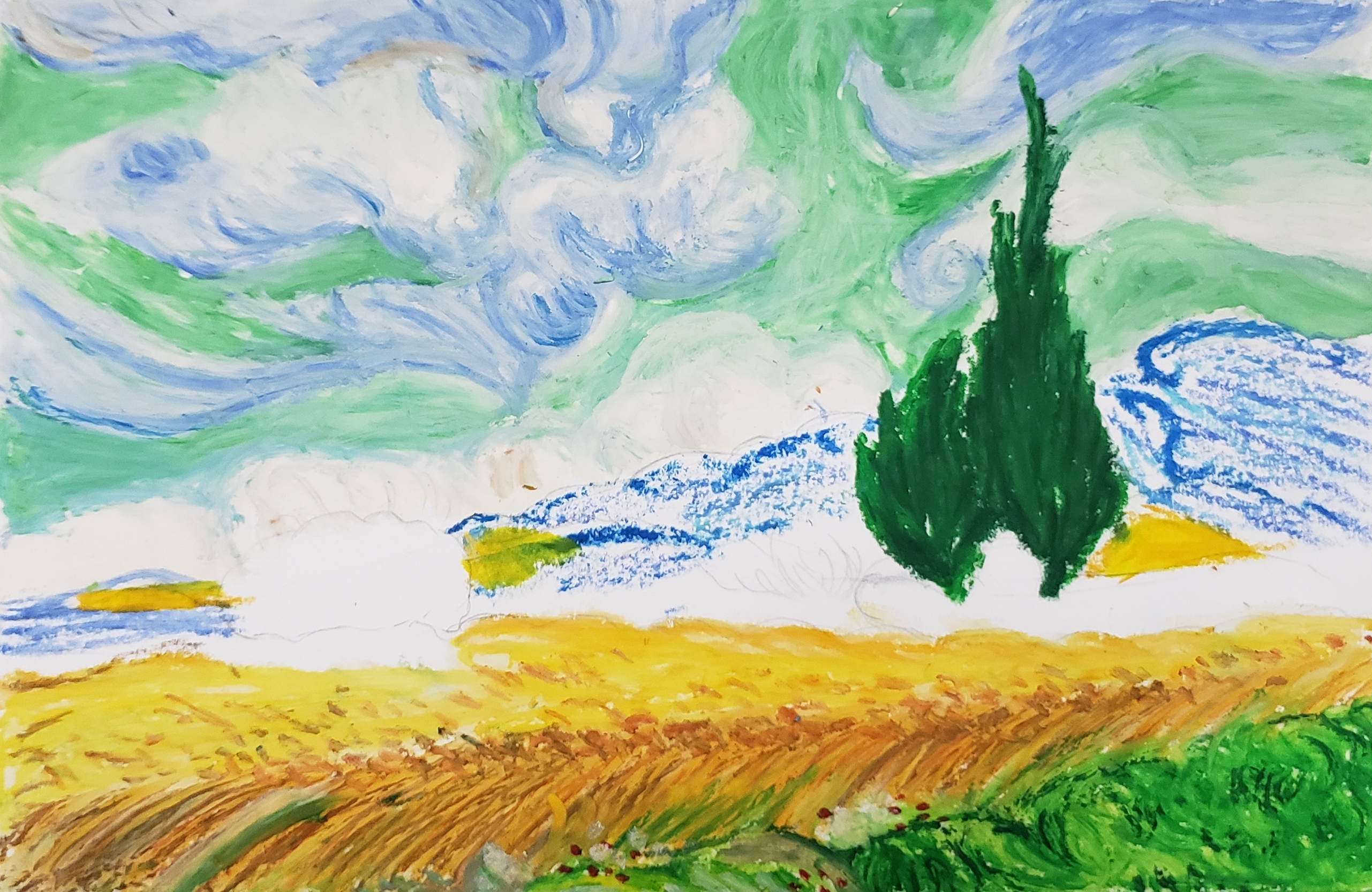 日落森林油画棒教程,简单入门油画棒麦田