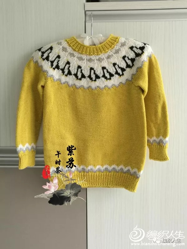 儿童开扣提花毛衣圆肩毛衣图解,提花从上往下黄色儿童毛衣图解