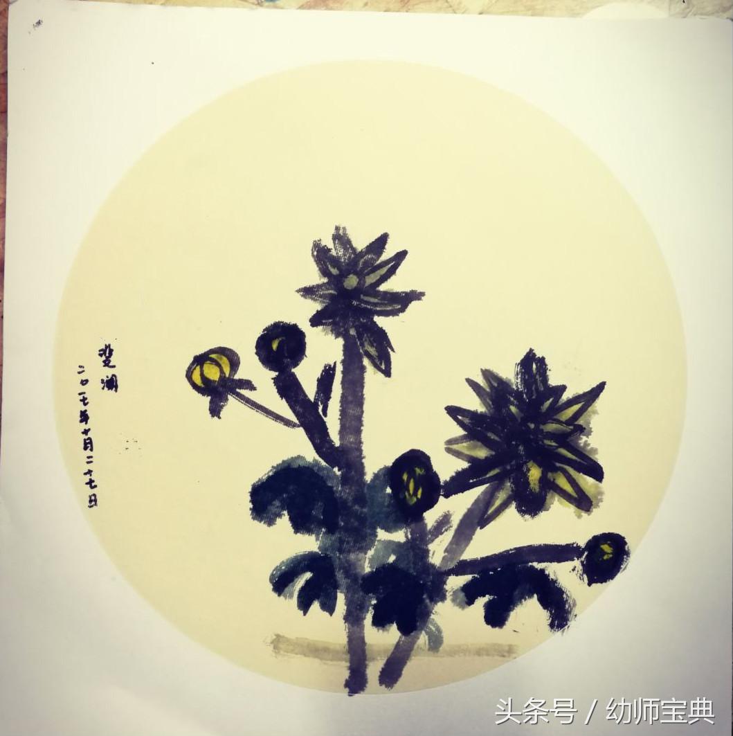 幼儿园大班菊花颜料画,简约竹菊水墨画