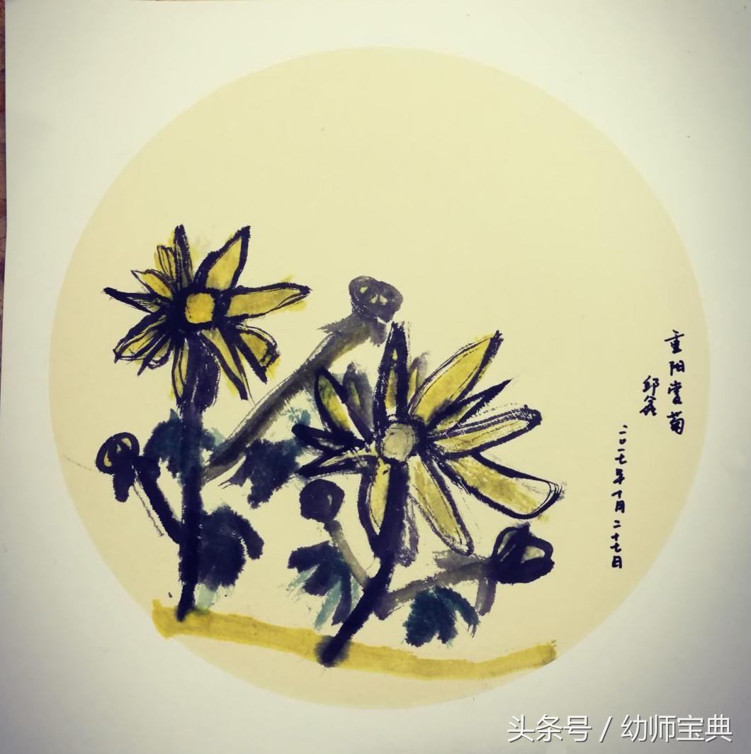 幼儿园大班菊花颜料画,简约竹菊水墨画
