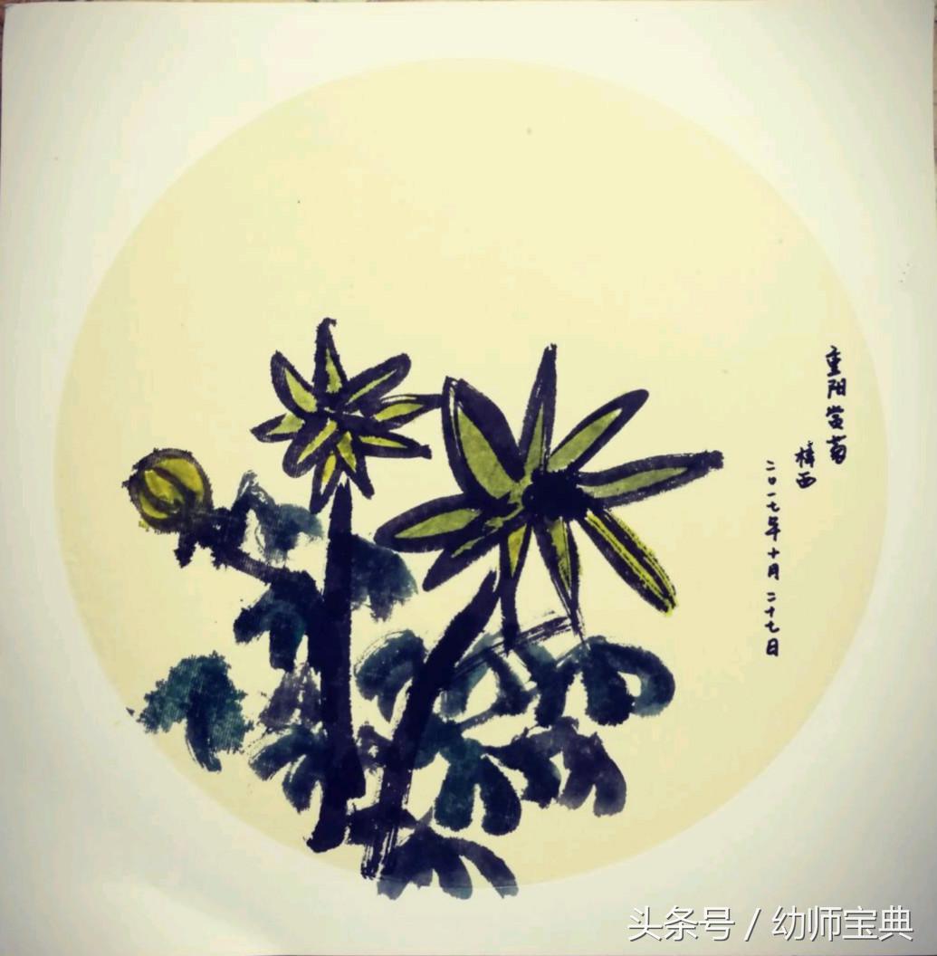 幼儿园大班菊花颜料画,简约竹菊水墨画