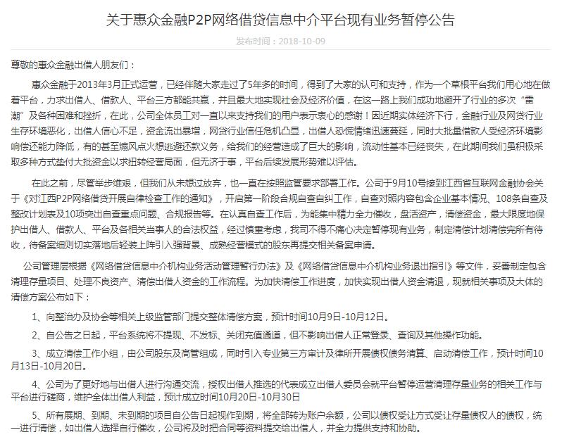 惠众金融p2p,清盘p2p最新消息