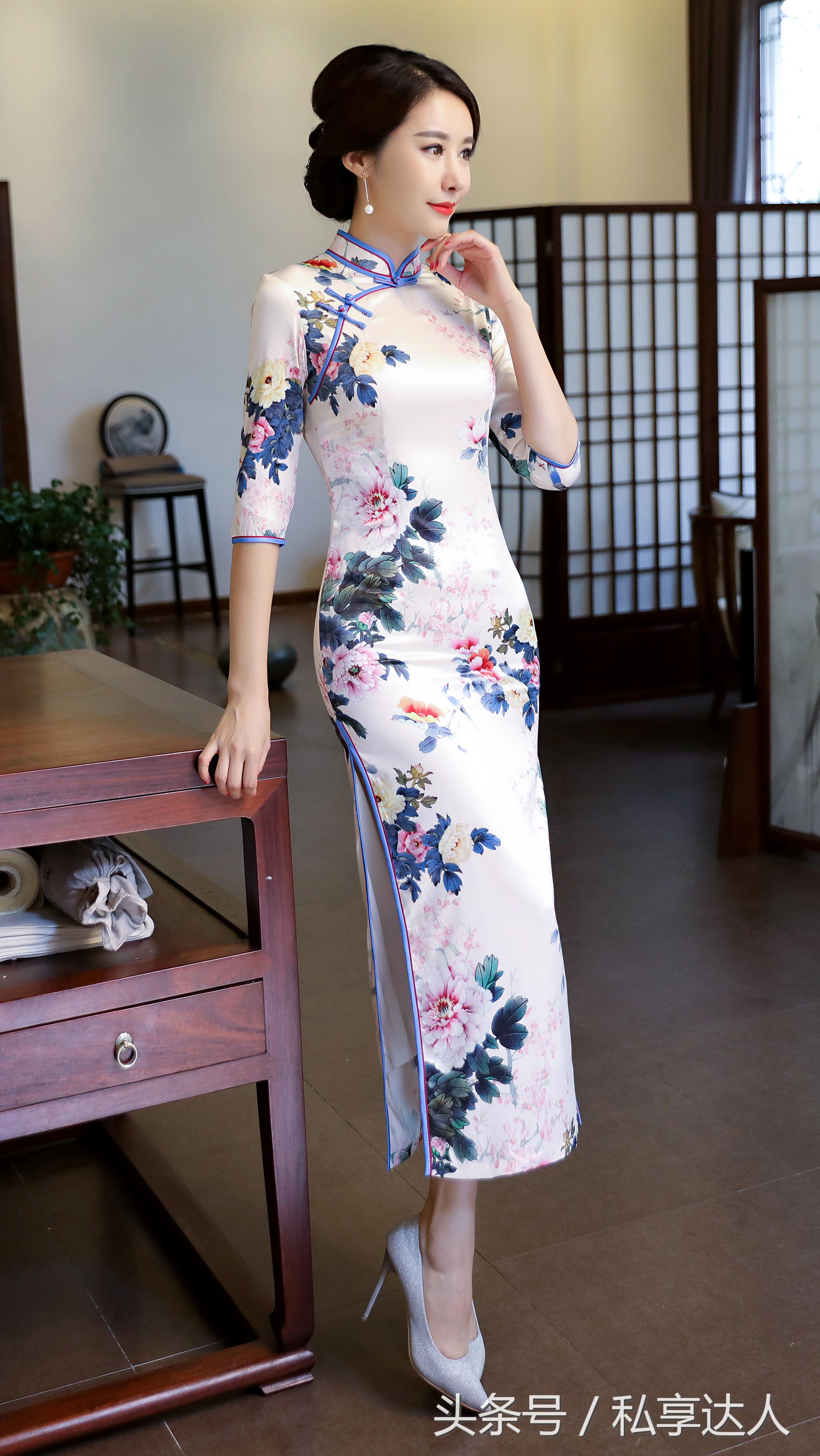 高档气质金丝绒中长款旗袍裙,海棠红双层丝绸旗袍裙