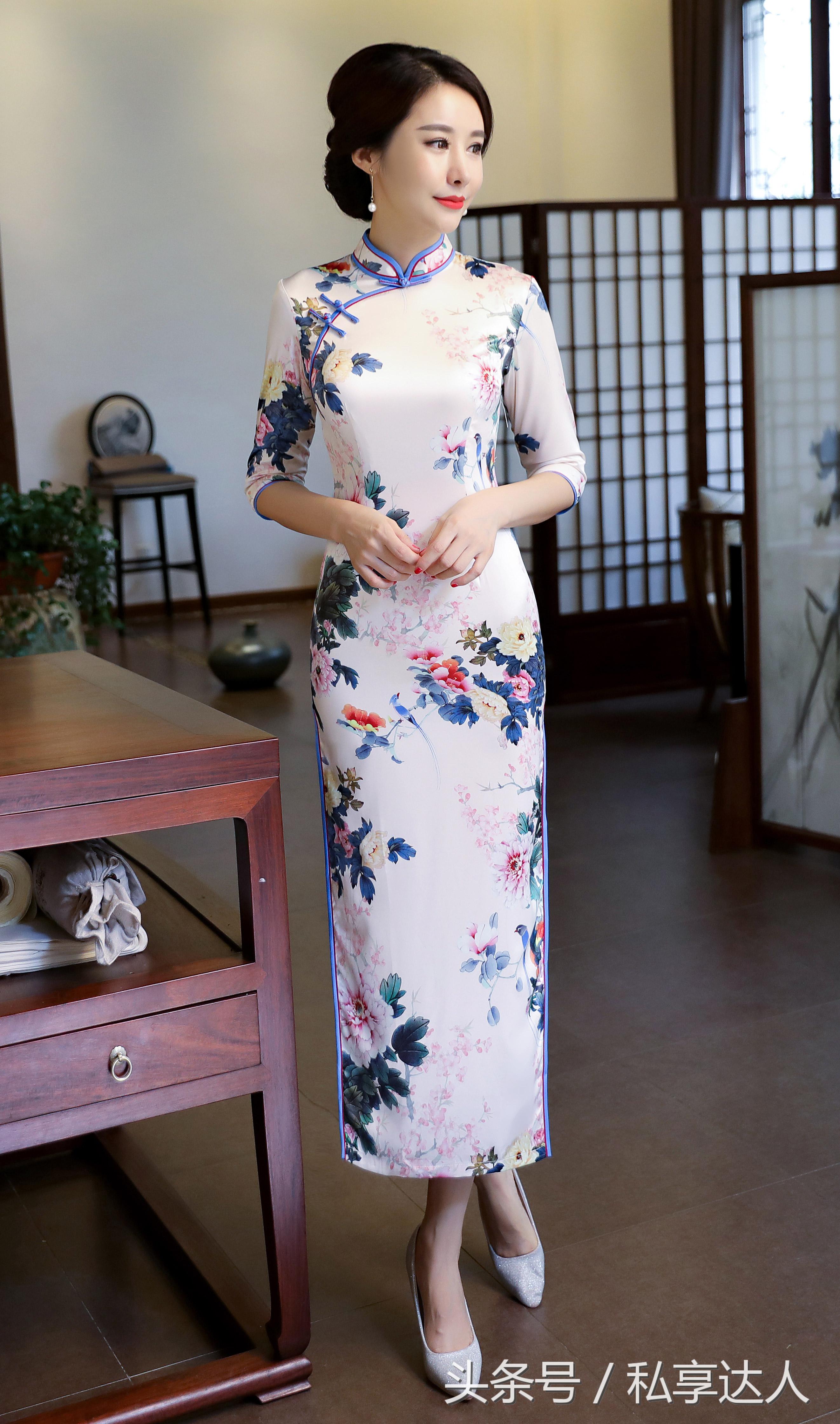 高档气质金丝绒中长款旗袍裙,海棠红双层丝绸旗袍裙