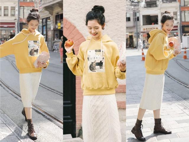 高端中长款卫衣搭配靴子,阔腿裤马丁短靴搭配宽松卫衣