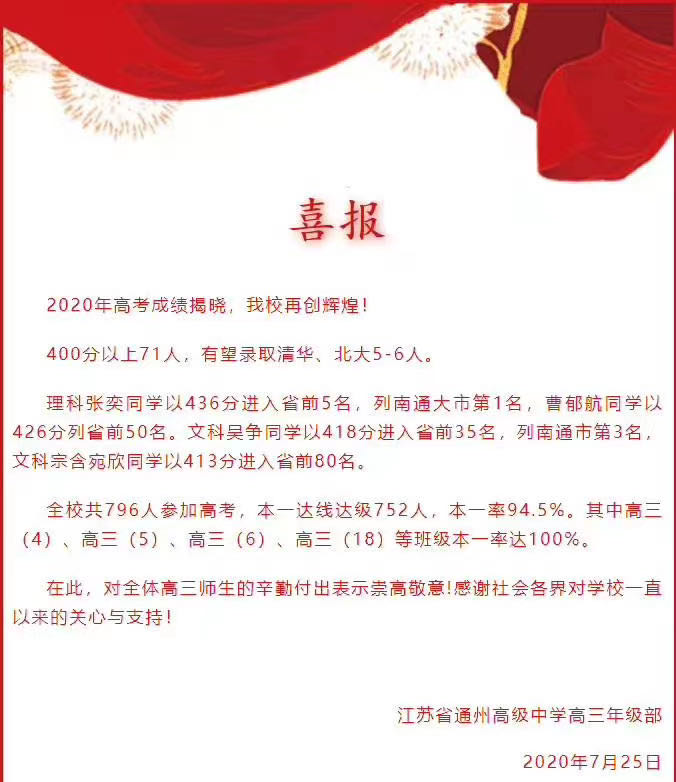 南通西亭高级中学2020一本升学率,南通三中中考喜报2020