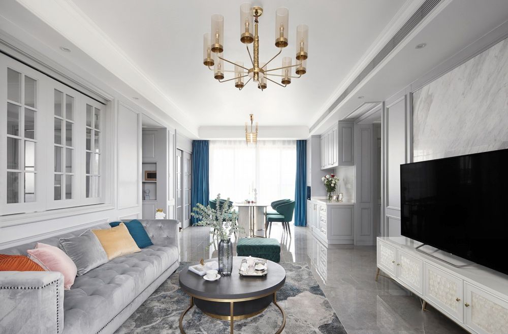 美式轻奢客厅和书房一体设计,美式轻奢风卧室书房一体效果图