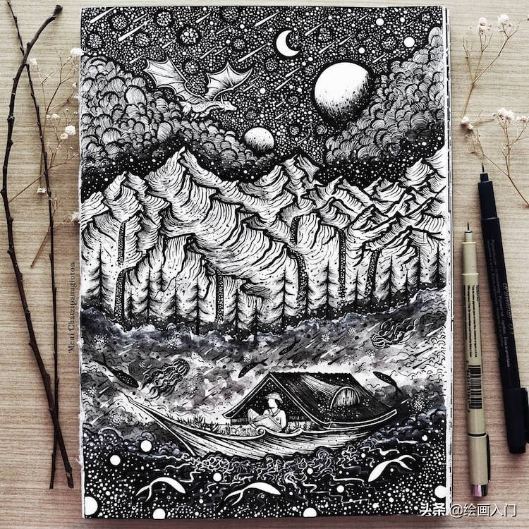 手绘插画黑白风针管笔小插画,手绘100多幅针管笔黑白插画分享