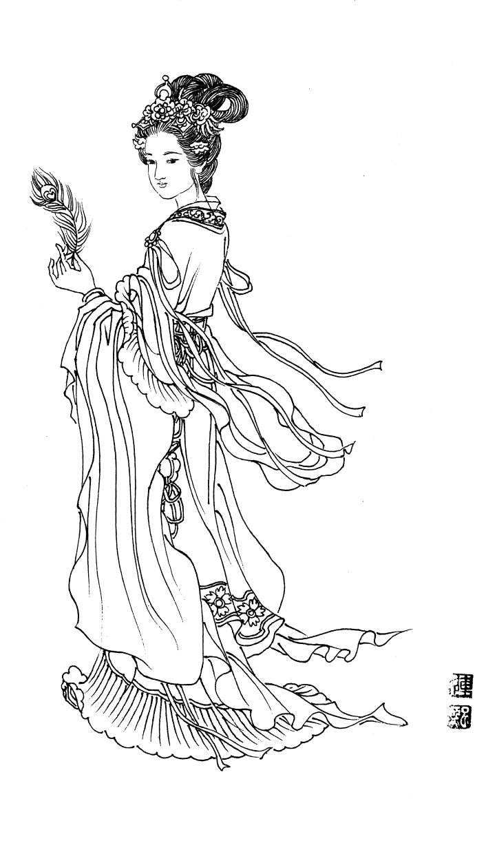 彭连熙工笔白描人物作品,工笔戏曲净角人物白描底稿