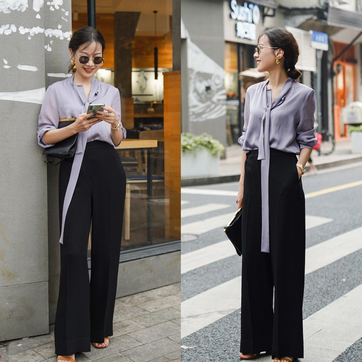 秋款短衫配牛仔阔腿裤穿,上紧下松穿搭阔腿裤加衬衫