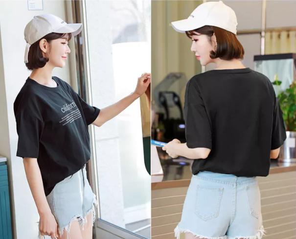 新款韩版印花宽松纯棉女t恤,夏季新款大码女装印花t恤