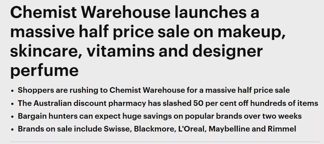 快上：澳洲ChemistWarehouse半价吐血促销，上百种产品统统5折