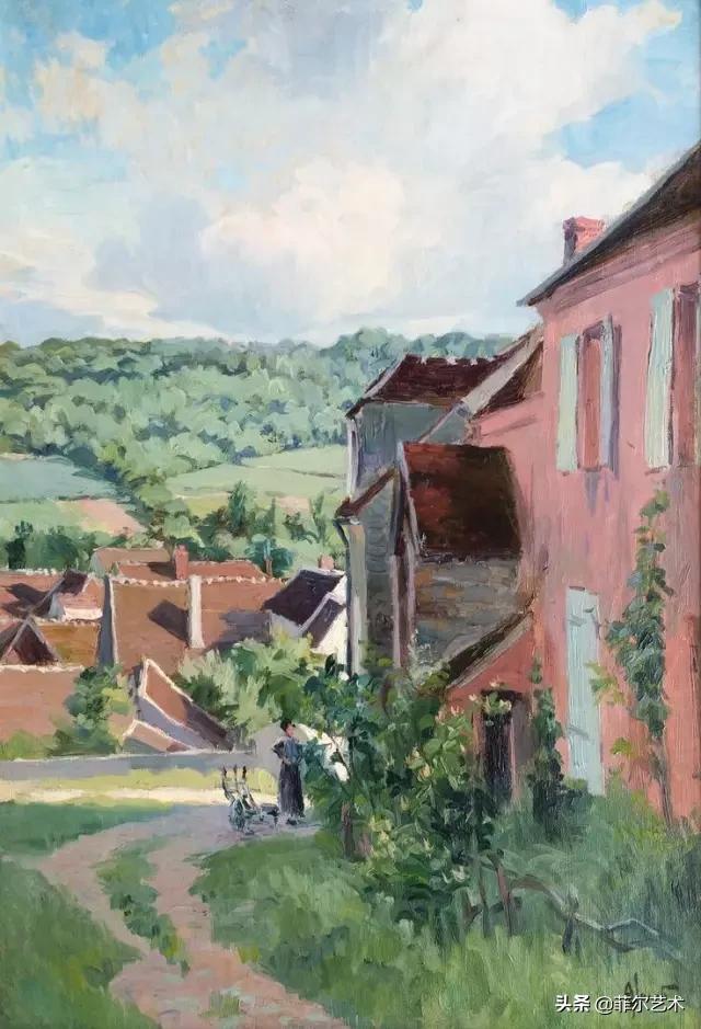 极简油画金色麦田和山,以红蓝为基调的风景油画