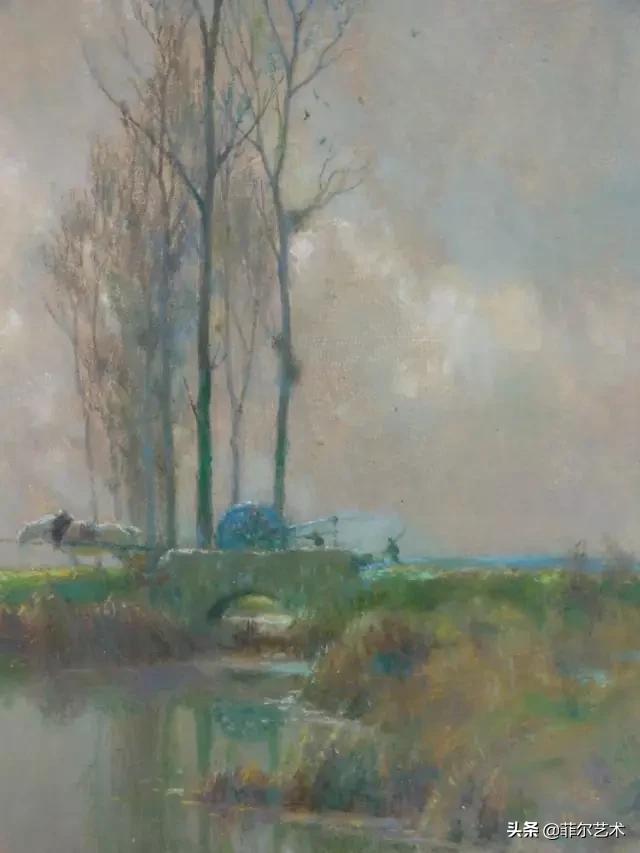 极简油画金色麦田和山,以红蓝为基调的风景油画