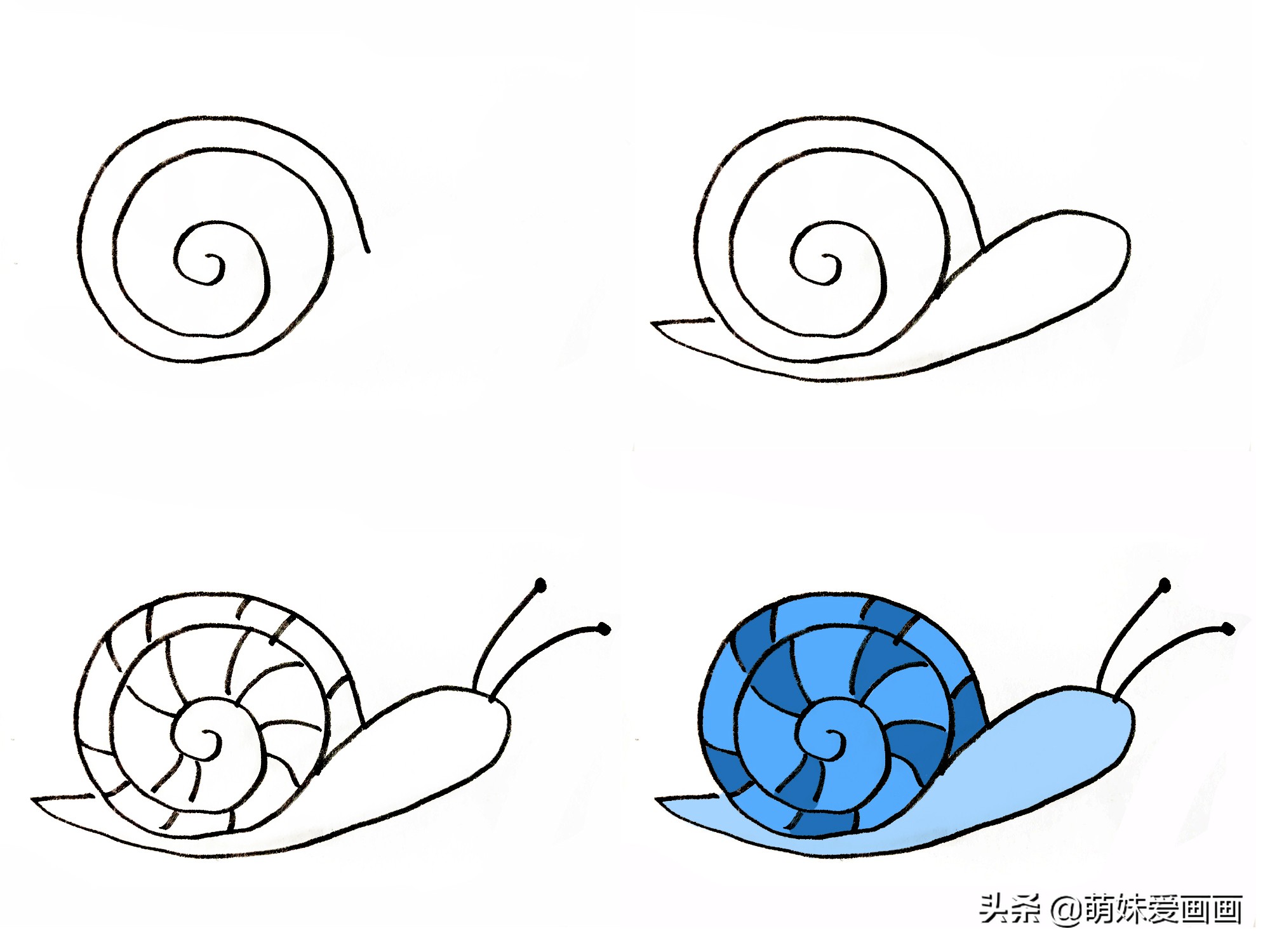 小蜗牛春夏秋冬四季创意画简笔画,蜗牛与鱼青蛙荷花创作一幅简笔画