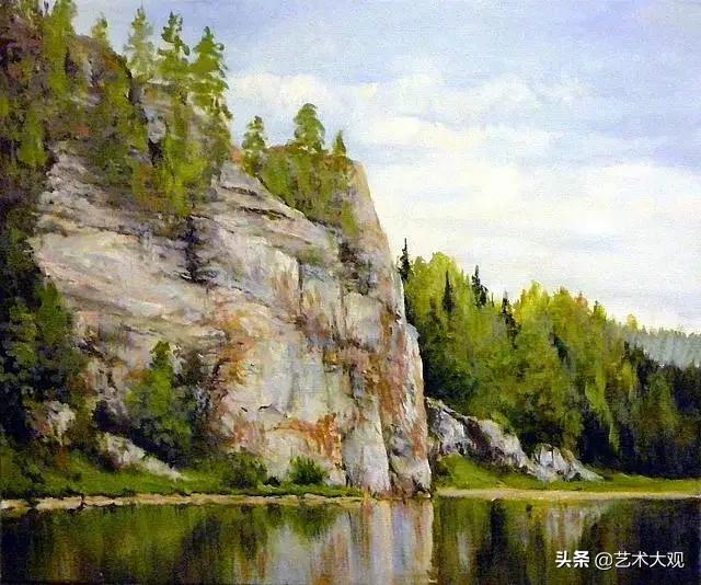 美丽又简单的远山倒影油画,风景优美的小河油画