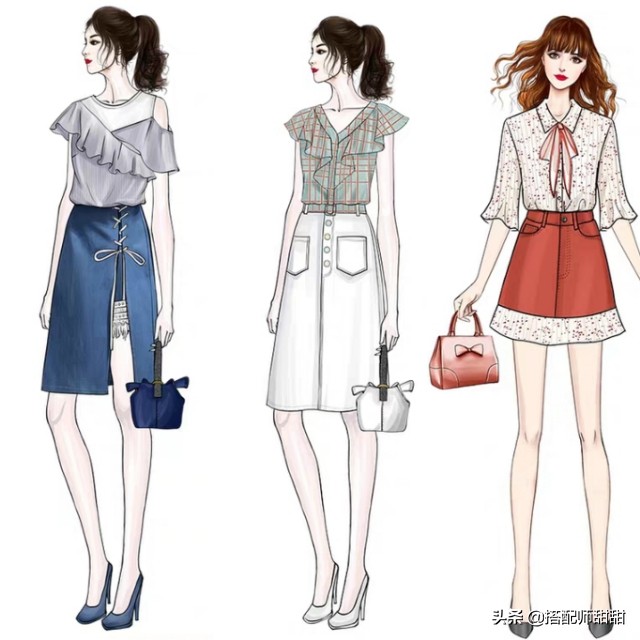 日系手绘穿衣搭配图,女孩每日穿搭手绘