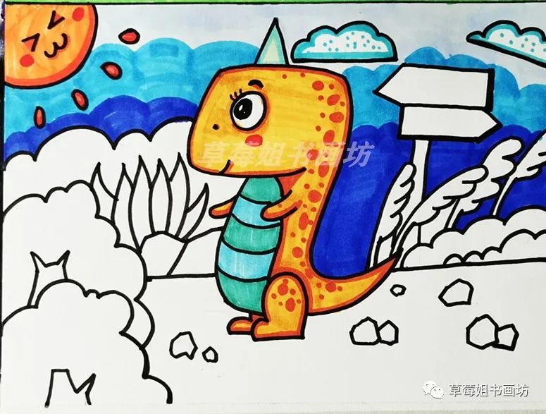 儿童马克笔画7岁恐龙,马克笔儿童画卡通人物绿色小恐龙