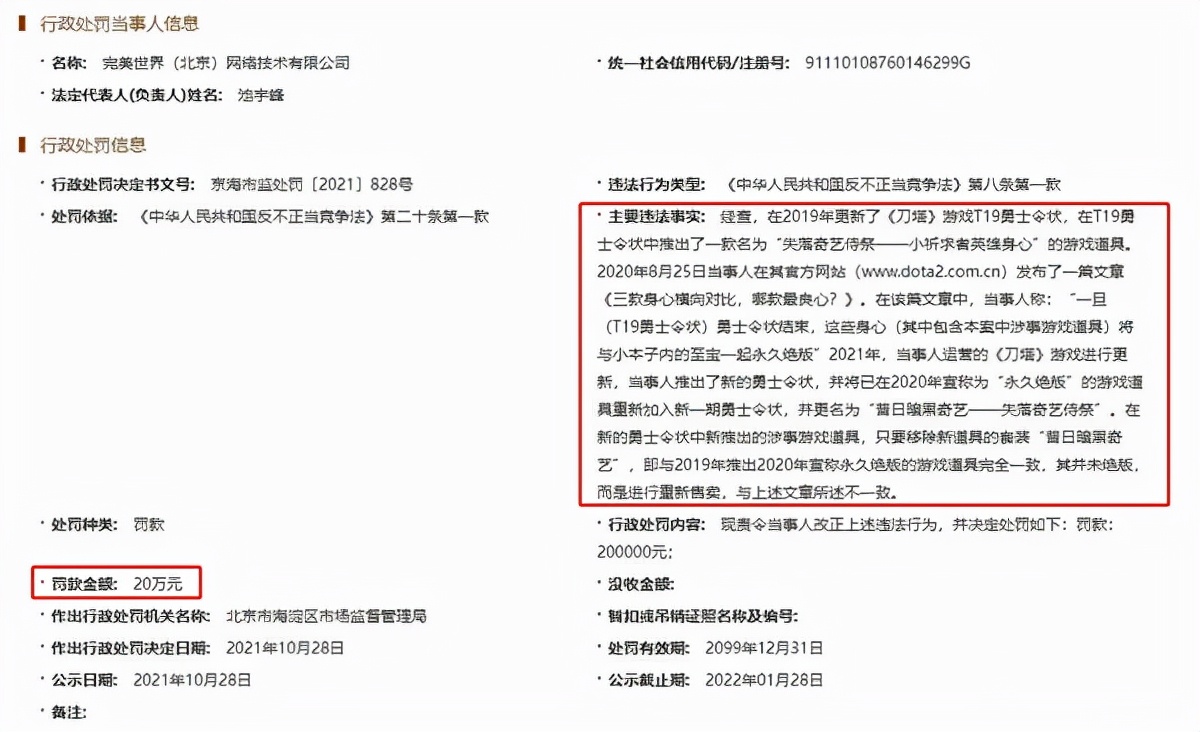 完美世界重新售卖刀塔绝版道具被罚20万;商家售卖盗版奥运口罩被罚5万;腾讯起诉游戏租号平台获赔30万