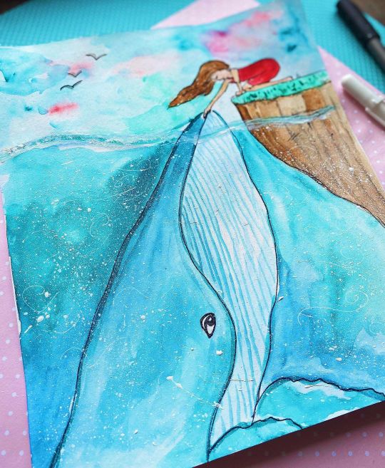 水彩画初学者鲸鱼云朵风景画,落日鲸鱼水彩画图片大全