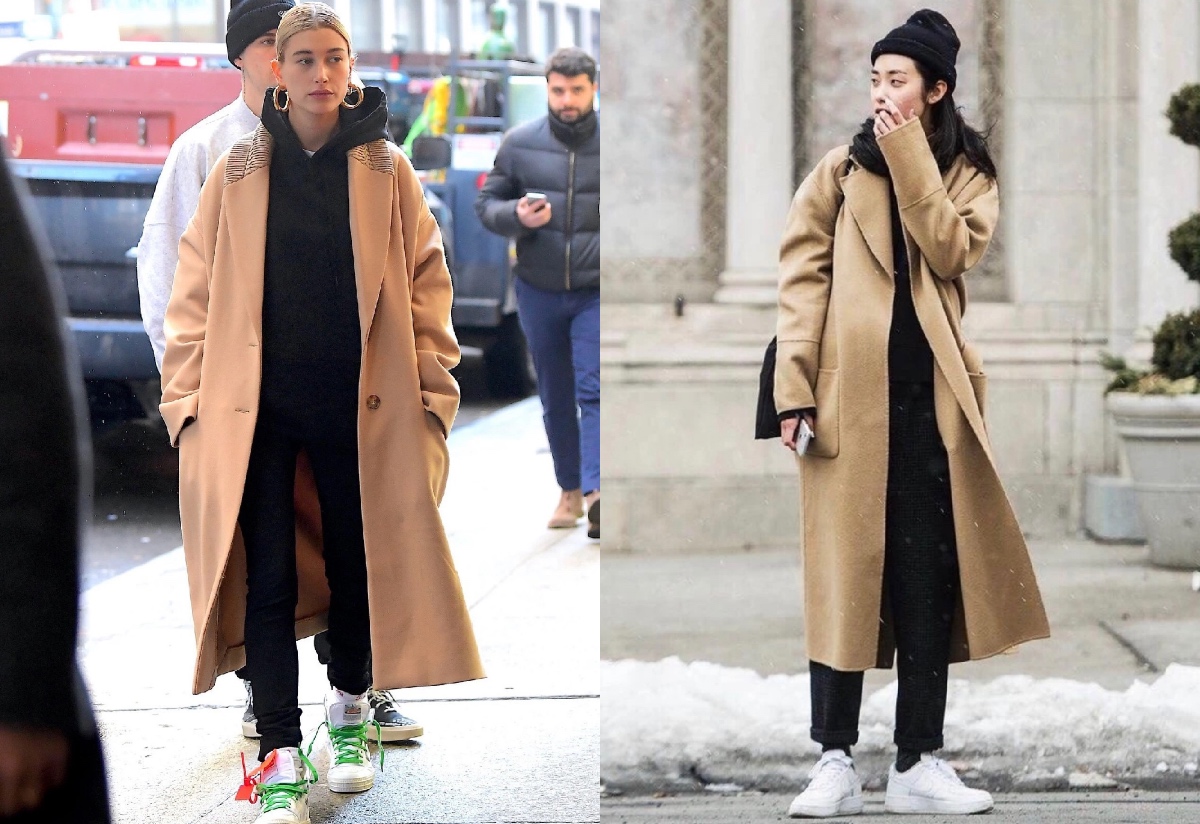 驼色大衣配黑色微喇裤,驼色大衣搭配黑色工装裤