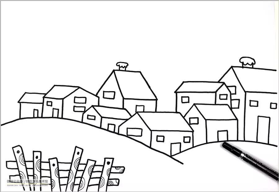 儿童画冬日街道风景,冬日里的树林儿童画