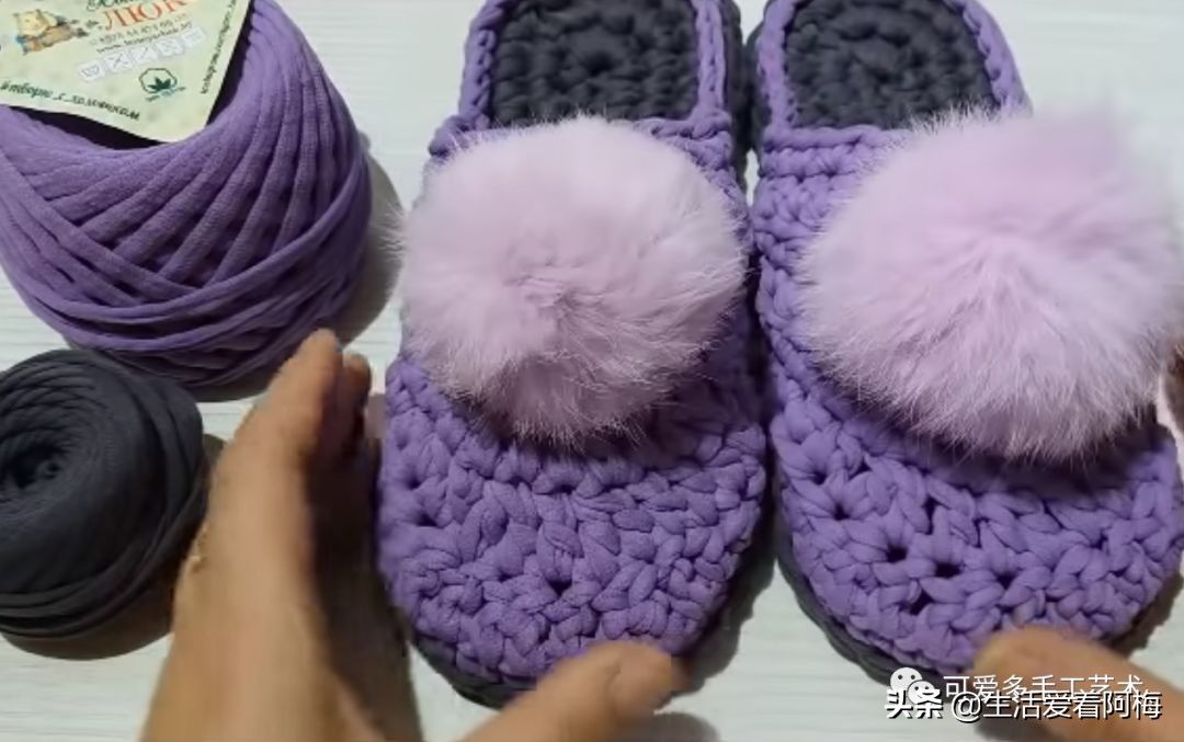 自己用毛线做布拖鞋,用布条线编拖鞋