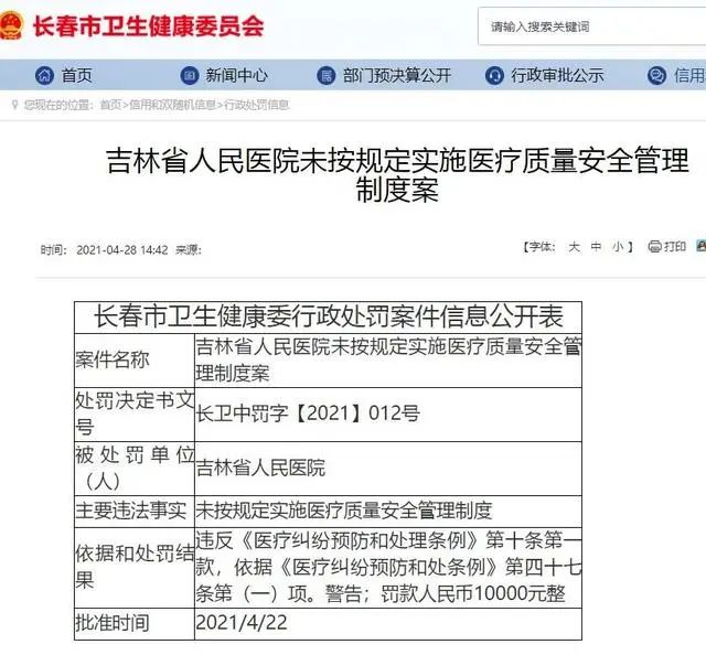 吉大一院五名医师被罚,多家三甲医院院长被查处