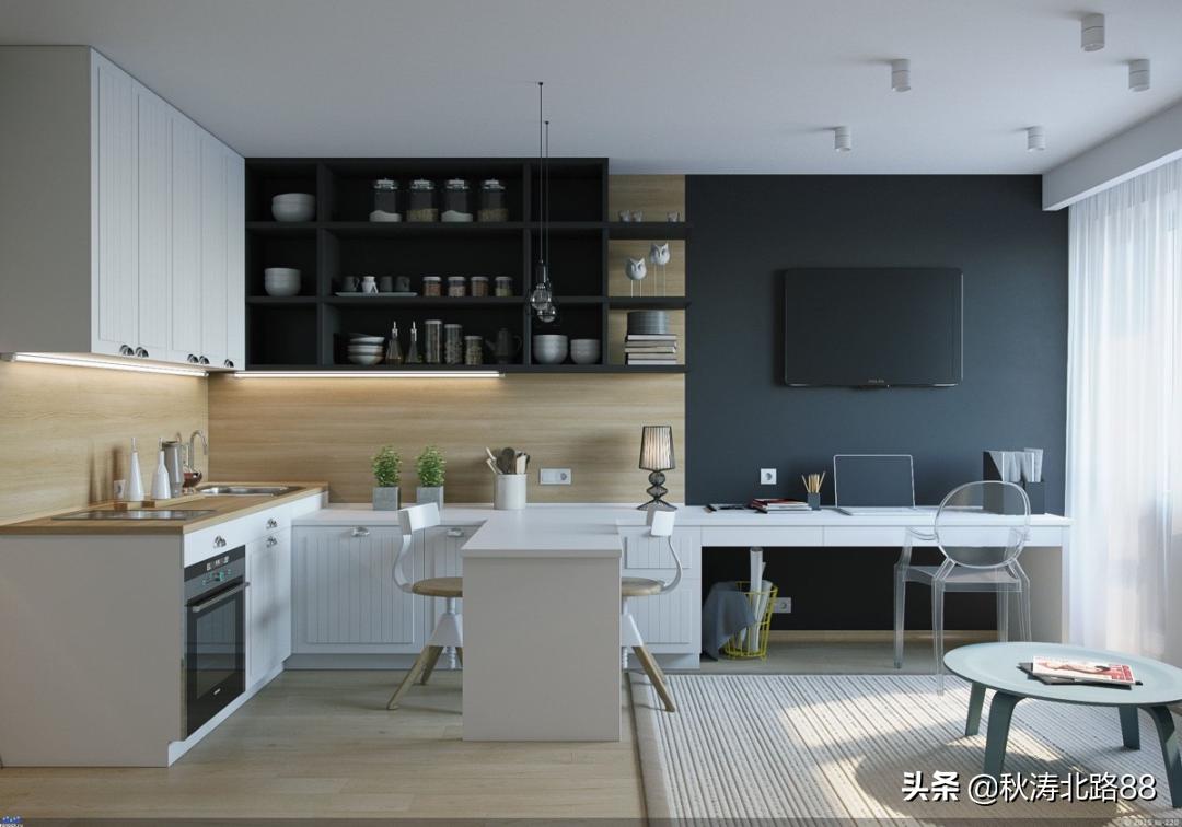 餐厅与阳台之间做个小吧台效果图,法式半开式厨房餐厅隔断吧台一体