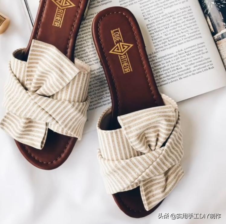 斜条纹小蝴蝶结拖鞋的织法,蝴蝶结草编拖鞋