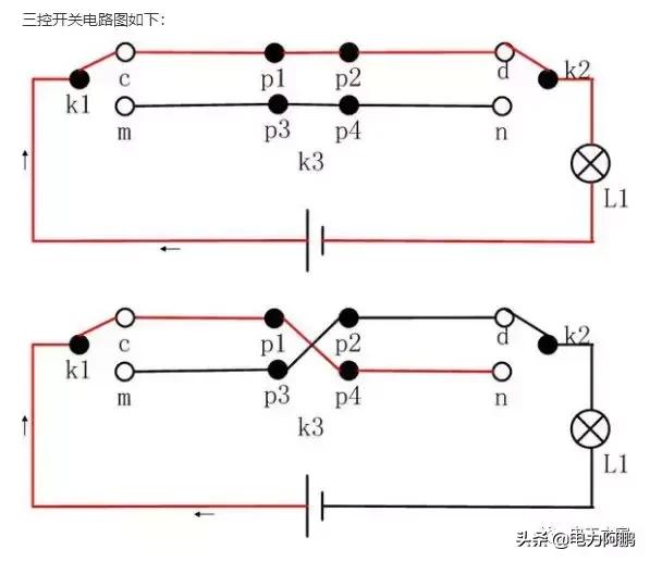 双控三控开关实物布局图,三开双控做单控使用如何接线