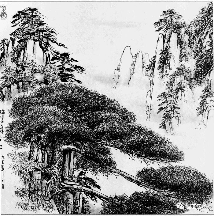 日式线描松树波浪纹,深度线描儿童画松树