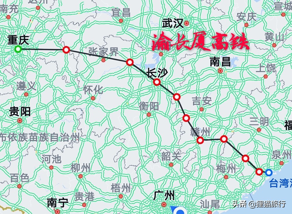 渝长厦高铁线路图，重庆、张家界、常德、长沙、赣州、龙岩、厦门