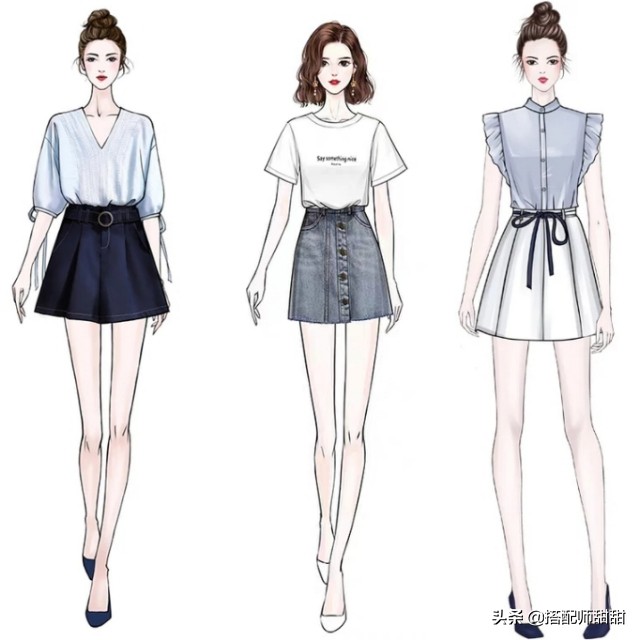 日系手绘穿衣搭配图,女孩每日穿搭手绘