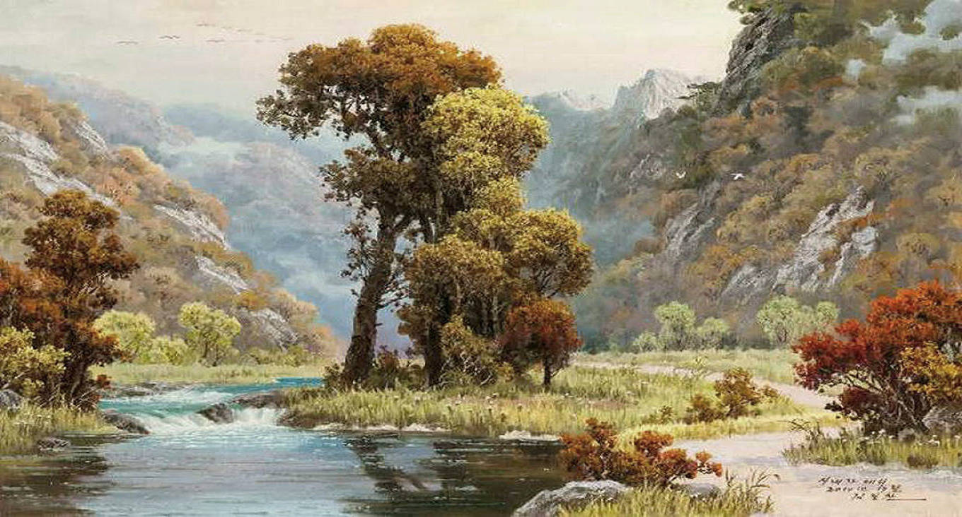 最新朝鲜风景油画图文,朝鲜大型山水风景油画图片集