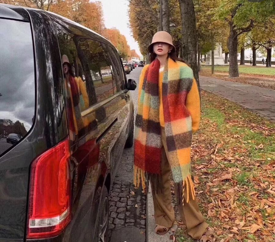 围巾女冬季百搭彩虹格子,冬季高级感彩虹围巾