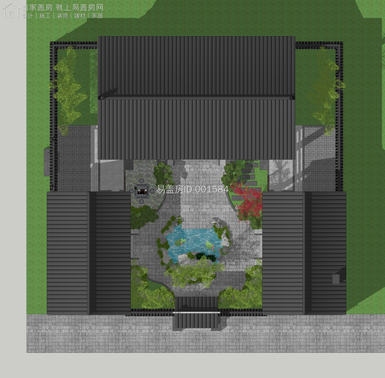 农村现代5套单层三合院,15米宽20米长中式合院图纸