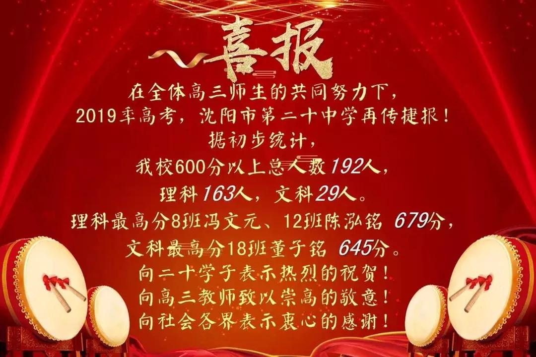 2019年沈阳市高中600分以上人数及各校高考喜报汇总(转)